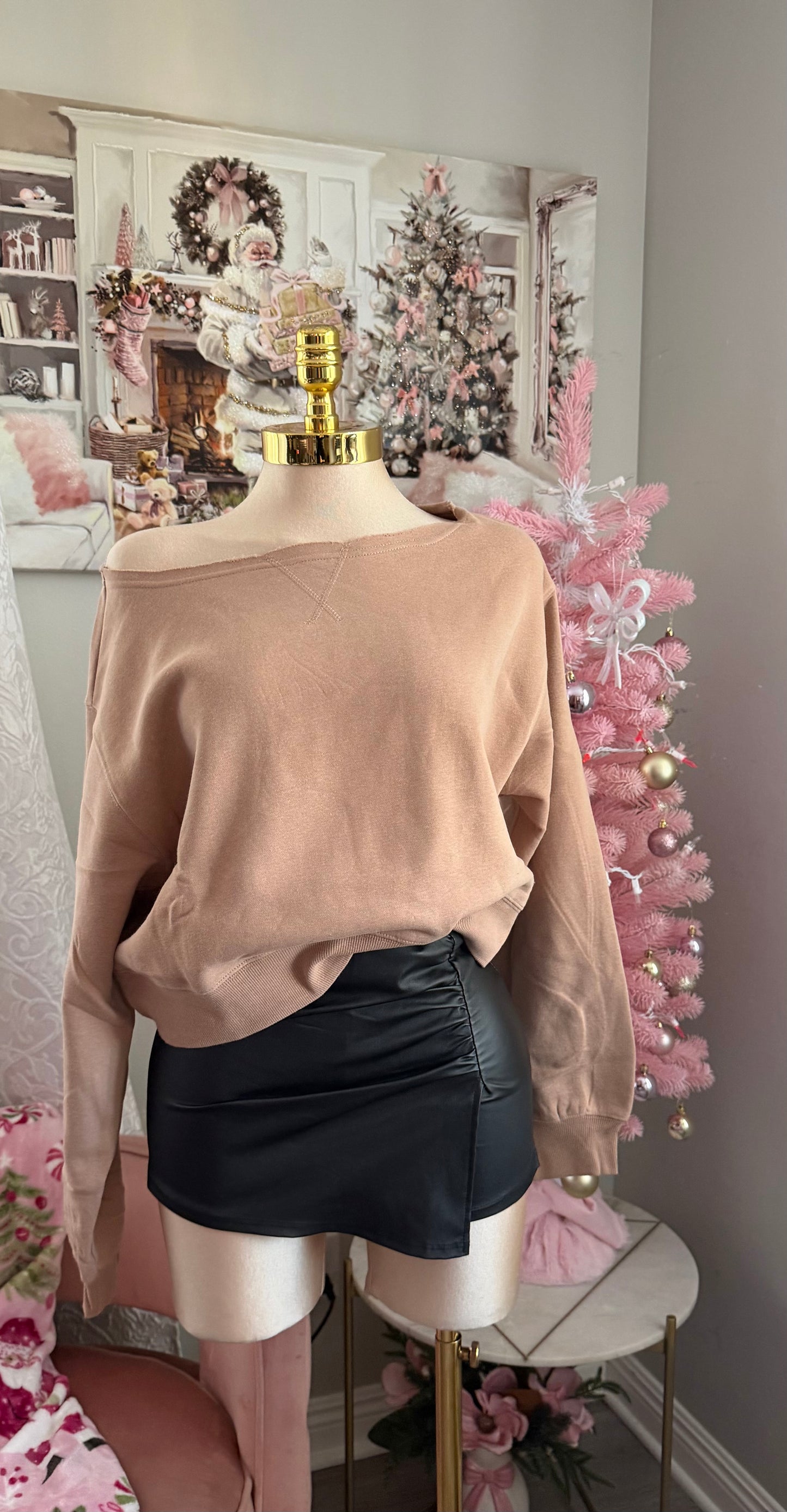 Off the shoulder nude sweater.