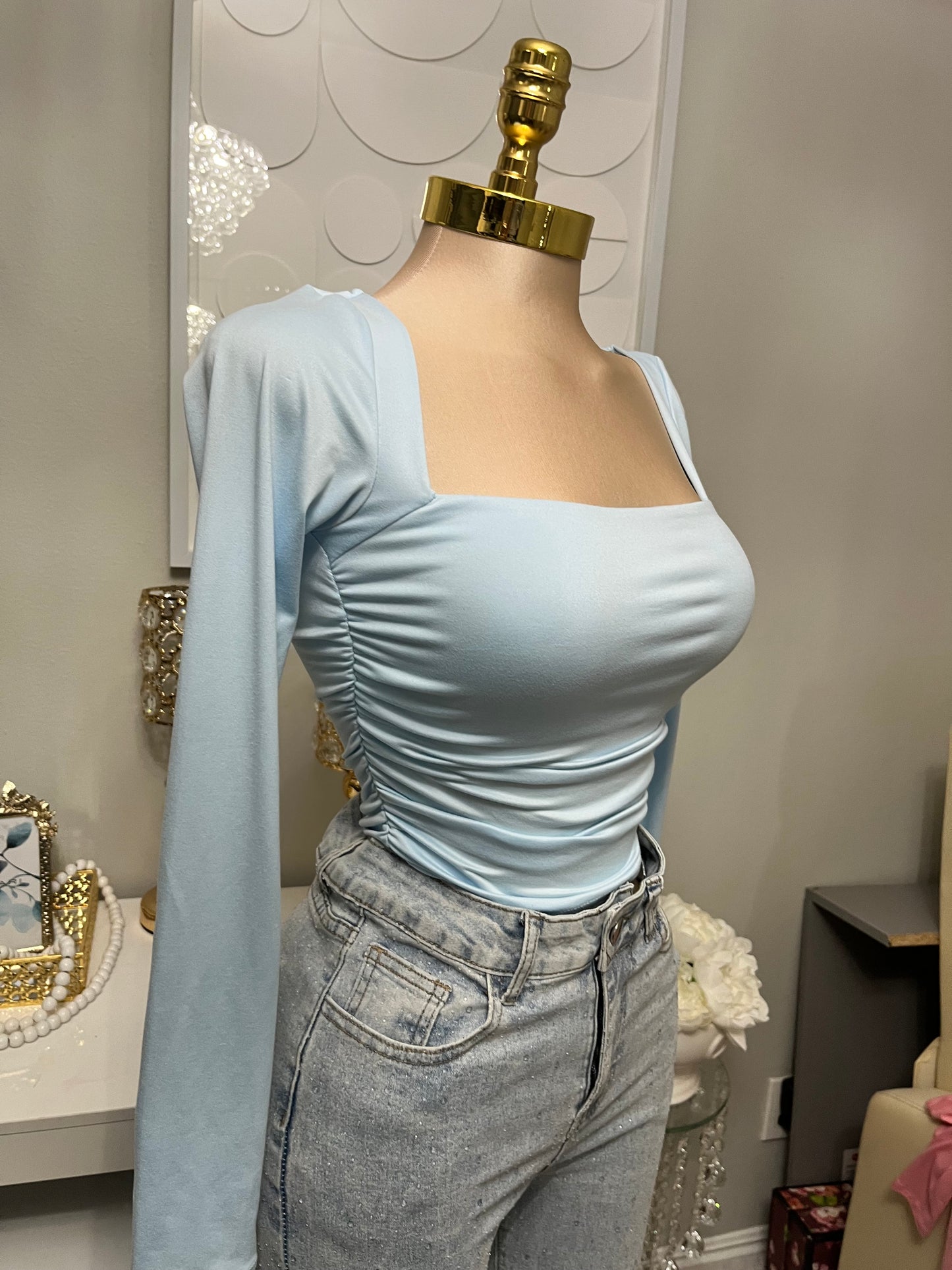 Baby blue deep scoop top