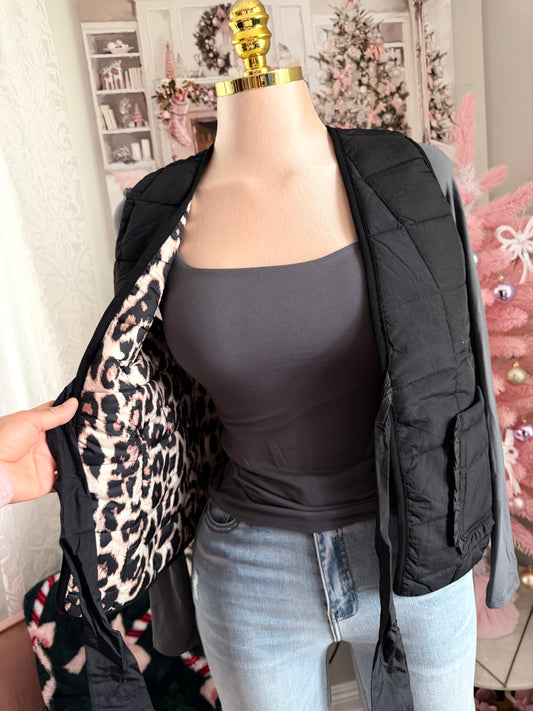 Black/animal print vest