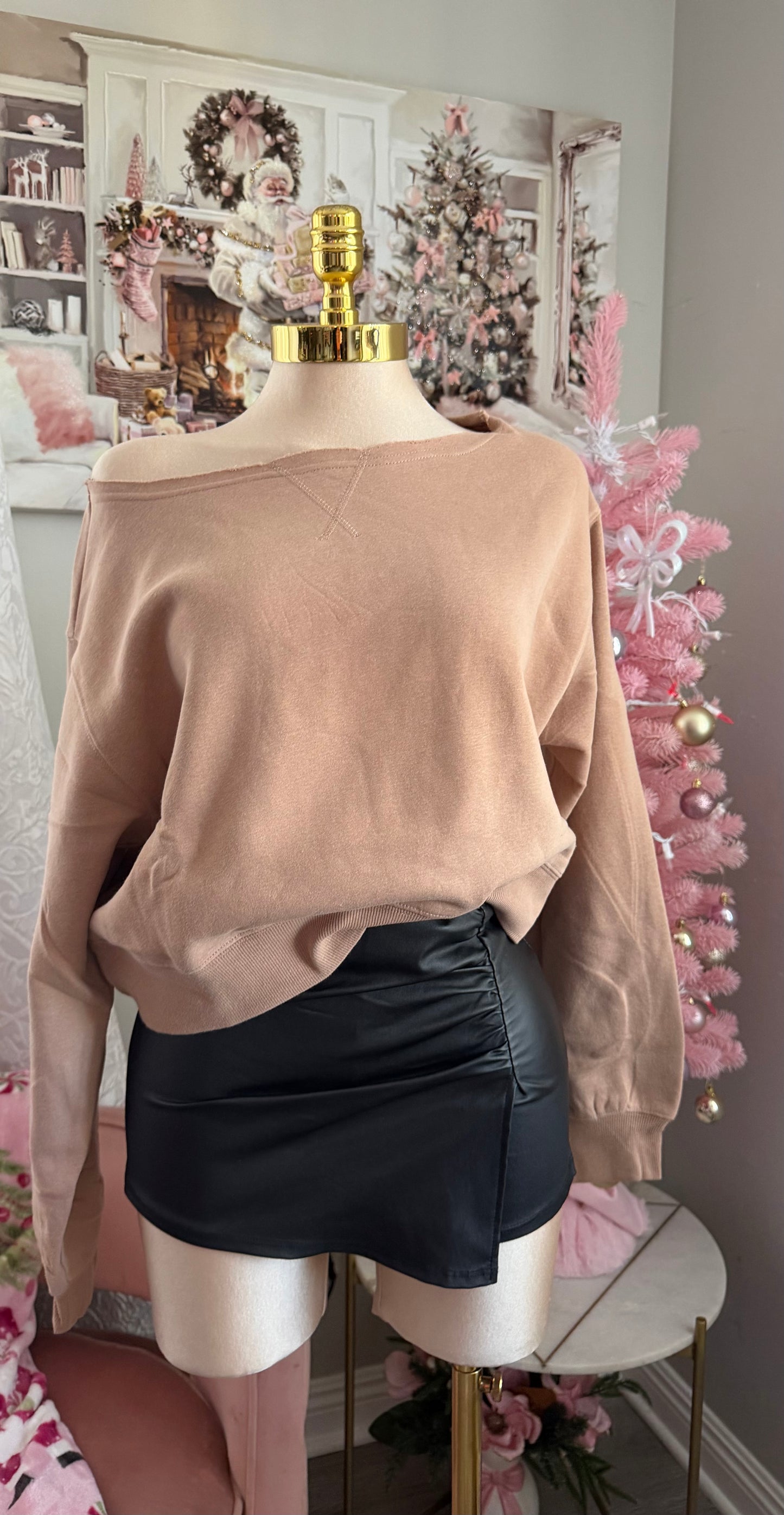 Off the shoulder nude sweater.