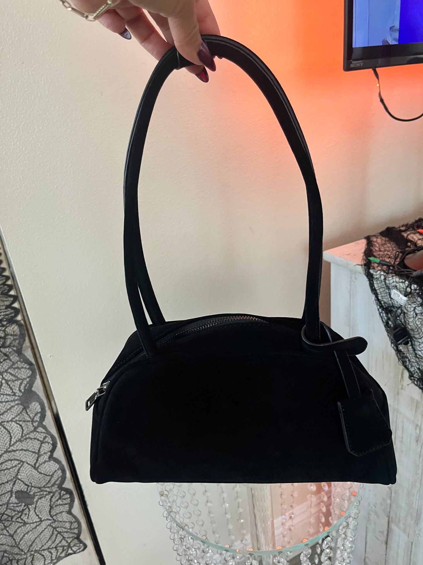 Black suede shoulder bag