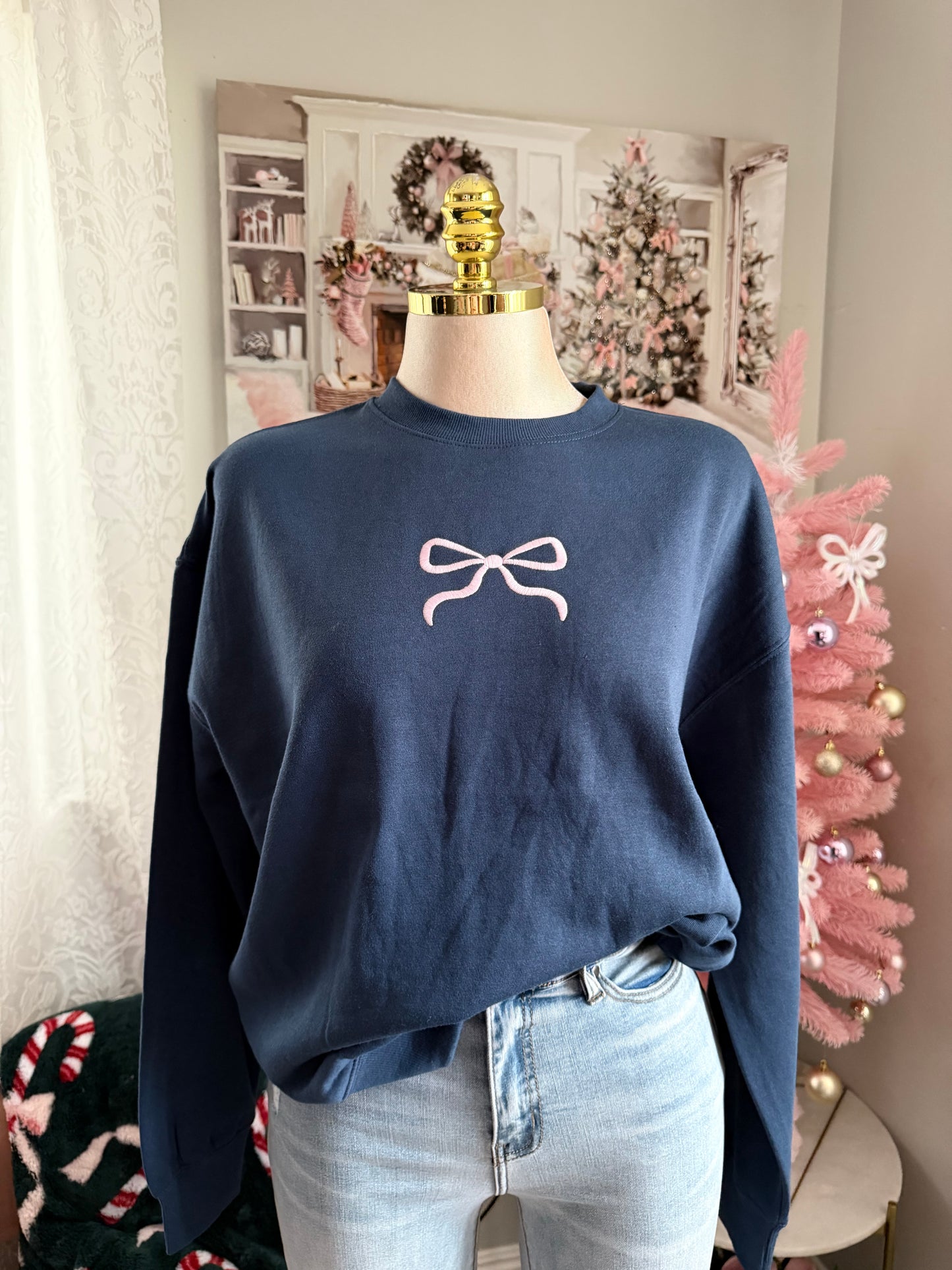 Navy blue embroidered bow sweater