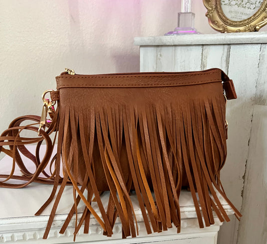 Brown fringe crossbody/wristlet bag